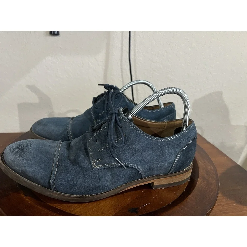 Clarks 1825 Shoes Mens 10 Exton Blue‎ Suede Cap Toe Lace Up Oxford Casual